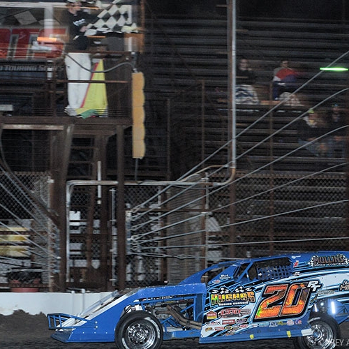 Ricky taking the checkered flag to win the USMTs main event at the Shady Oaks Speedway in Goliad, Texas, on Thursday, Feb. 16, 2017.